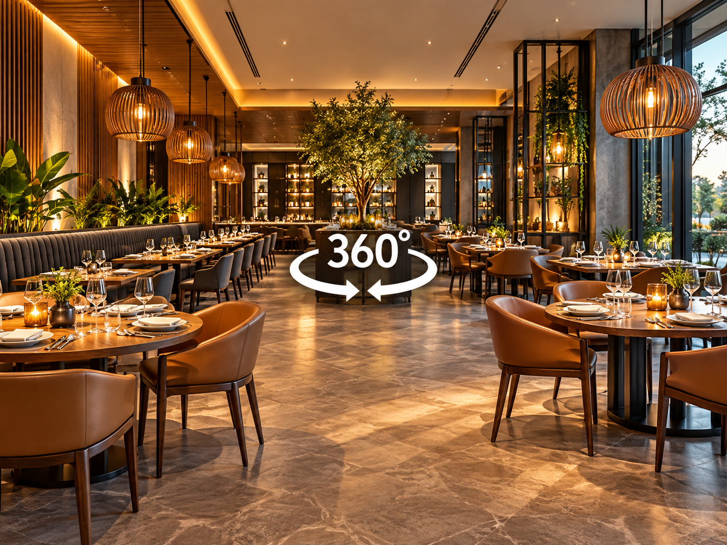 Interior sofisticado de restaurante com navegação em 360 graus