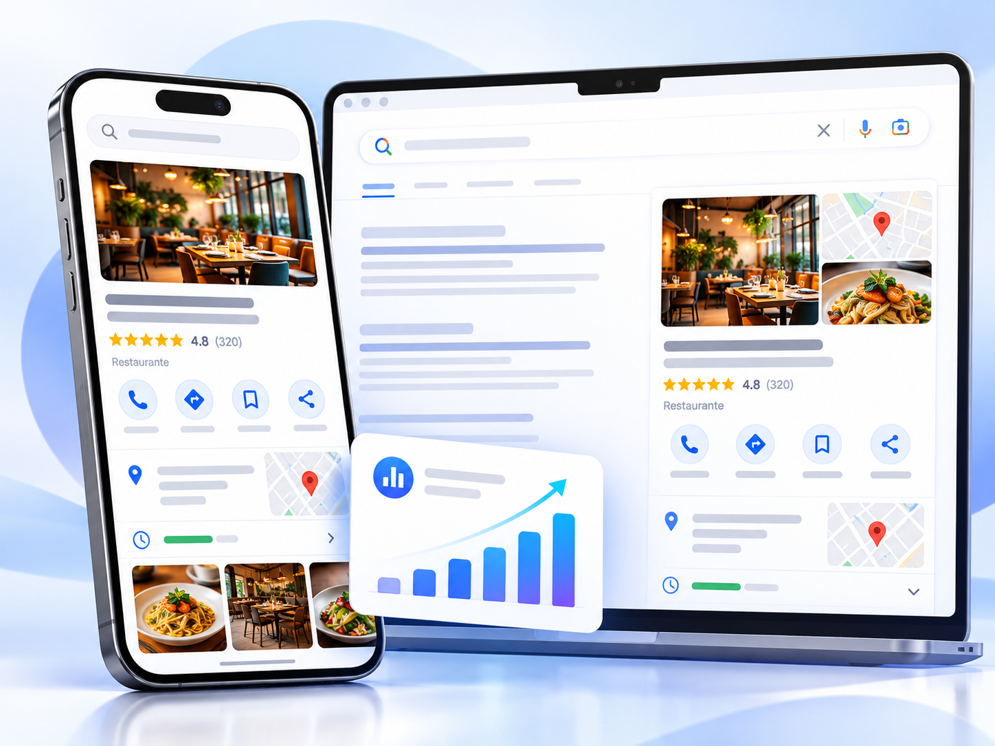 Perfil digital de restaurante exibido em celular e notebook