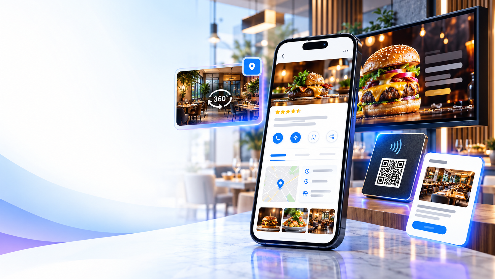 Celular com perfil de restaurante, mídia indoor, tour 360 e placa QR Code com NFC