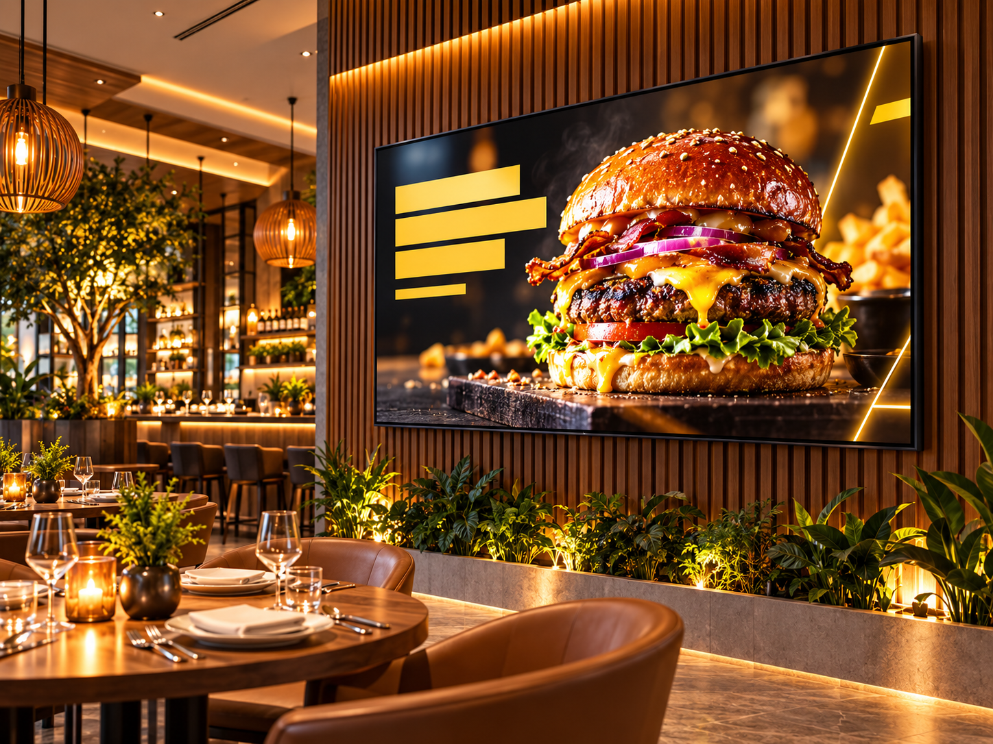 Tela de mídia indoor exibindo campanha de hambúrguer em restaurante
