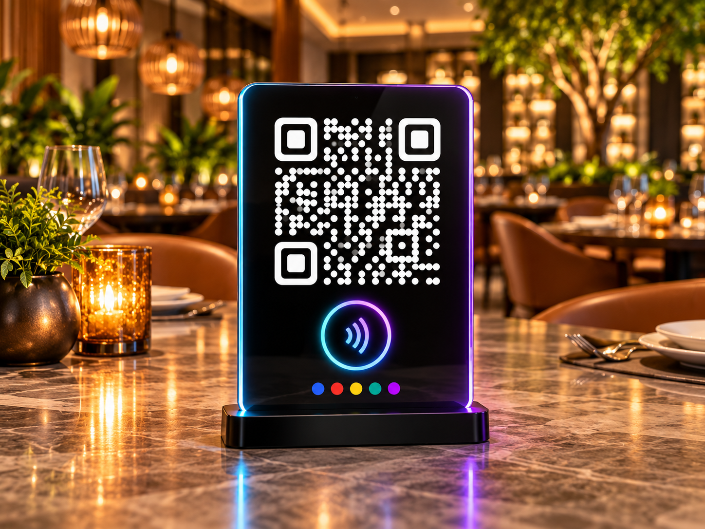 Placa de mesa com QR Code e aproximação NFC